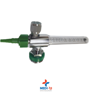 מד זרימת חמצן רפואי (Flowmeter) עם תקע OHM – ספיקה עד 15 LPM, כיתוב ירוק